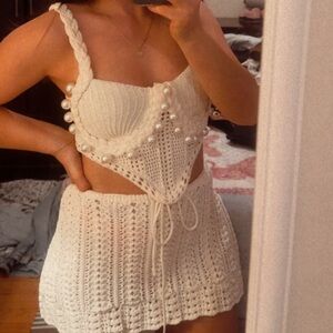 White Crochet Pearl-Embellished Set